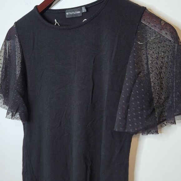PrettyLittleThing Black Top Mesh Polka Dot Short Sleeves Size 6 - Picture 2 of 9